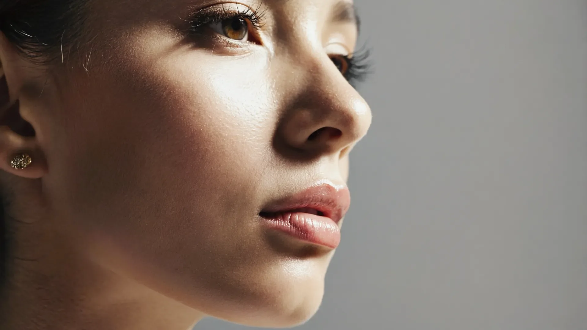 Close-up of a cheek in raking side light, the lighting used to tell true acne scarring from flat post-inflammatory marks