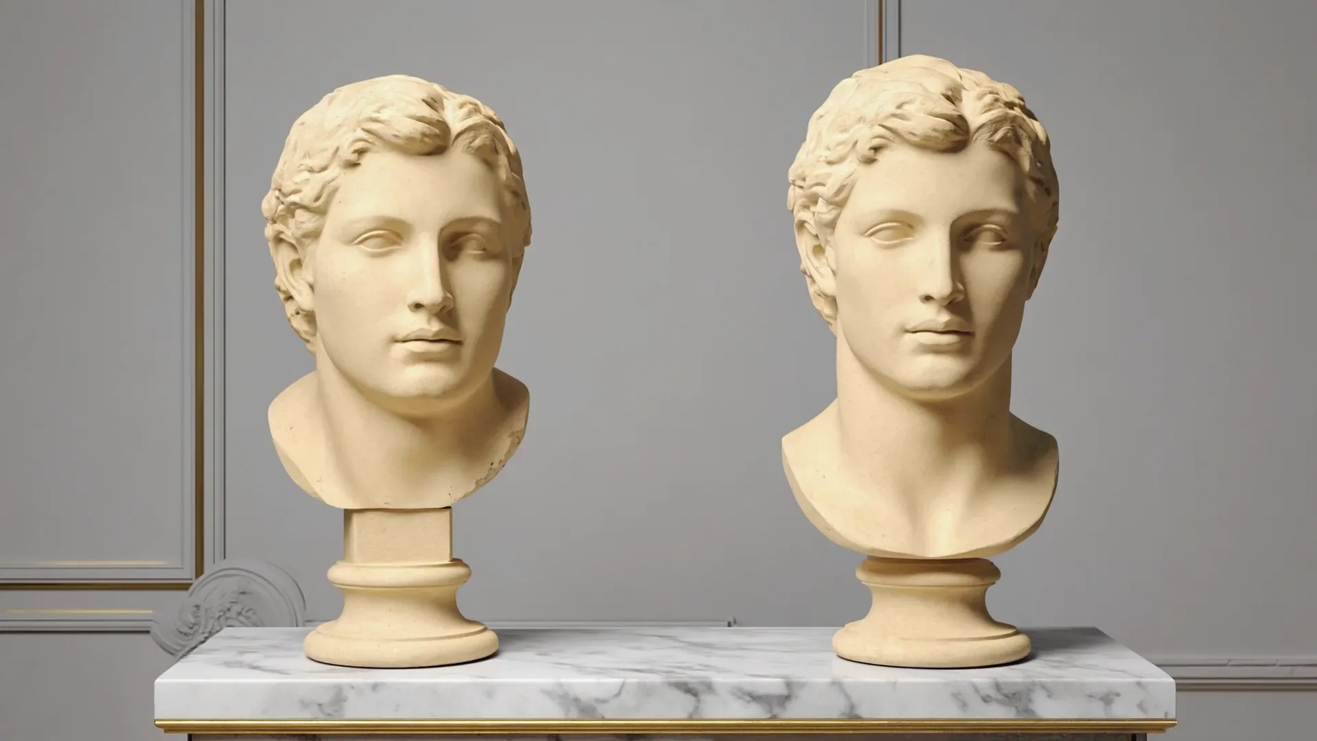 Two plaster bust sculptures in profile on a marble console, one angular-jawed and one softer-cheeked, symbolising the difference between male and female facial structure