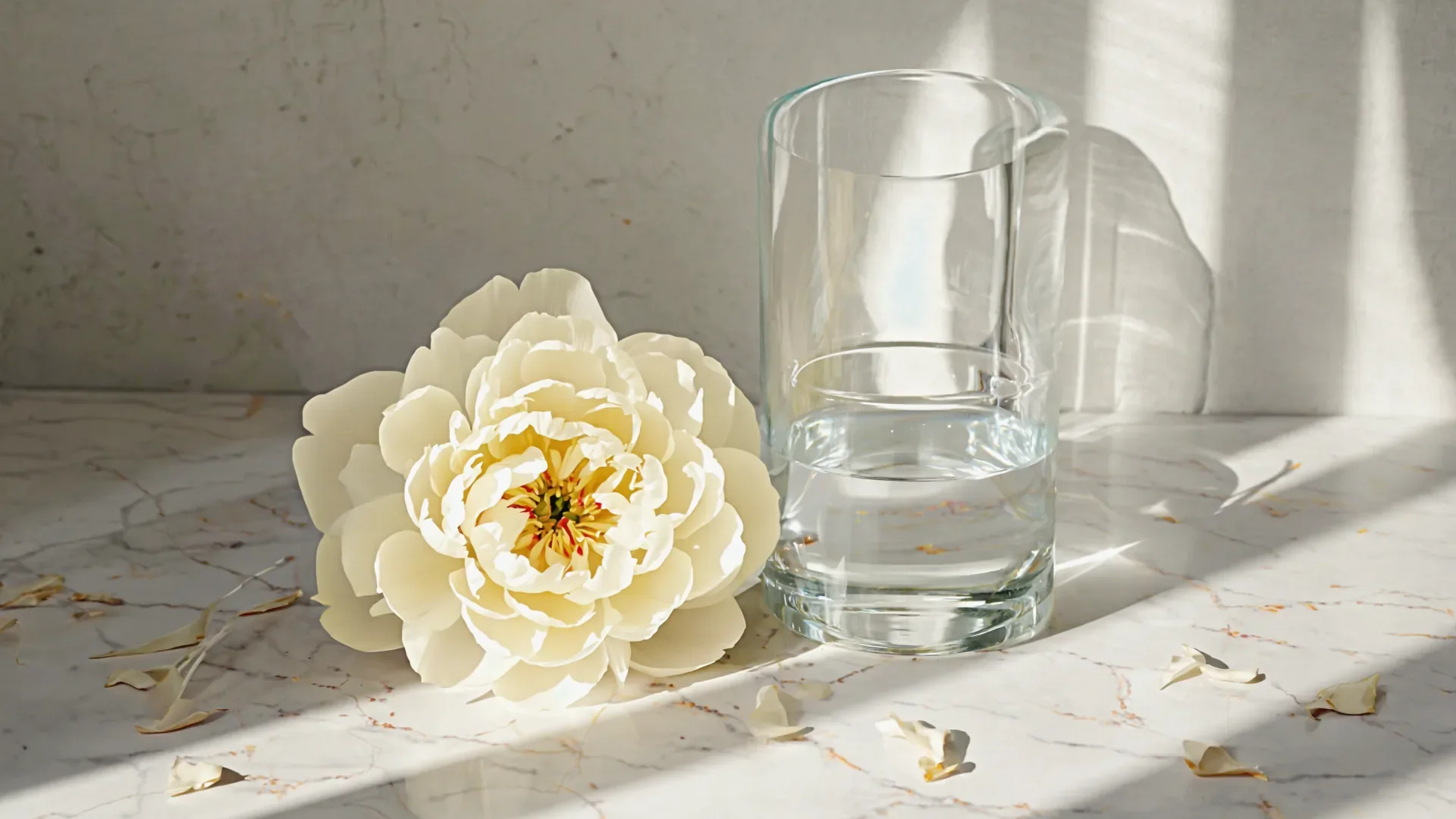 Fine-art still life of a white peony and glass vessel symbolising skin renewal