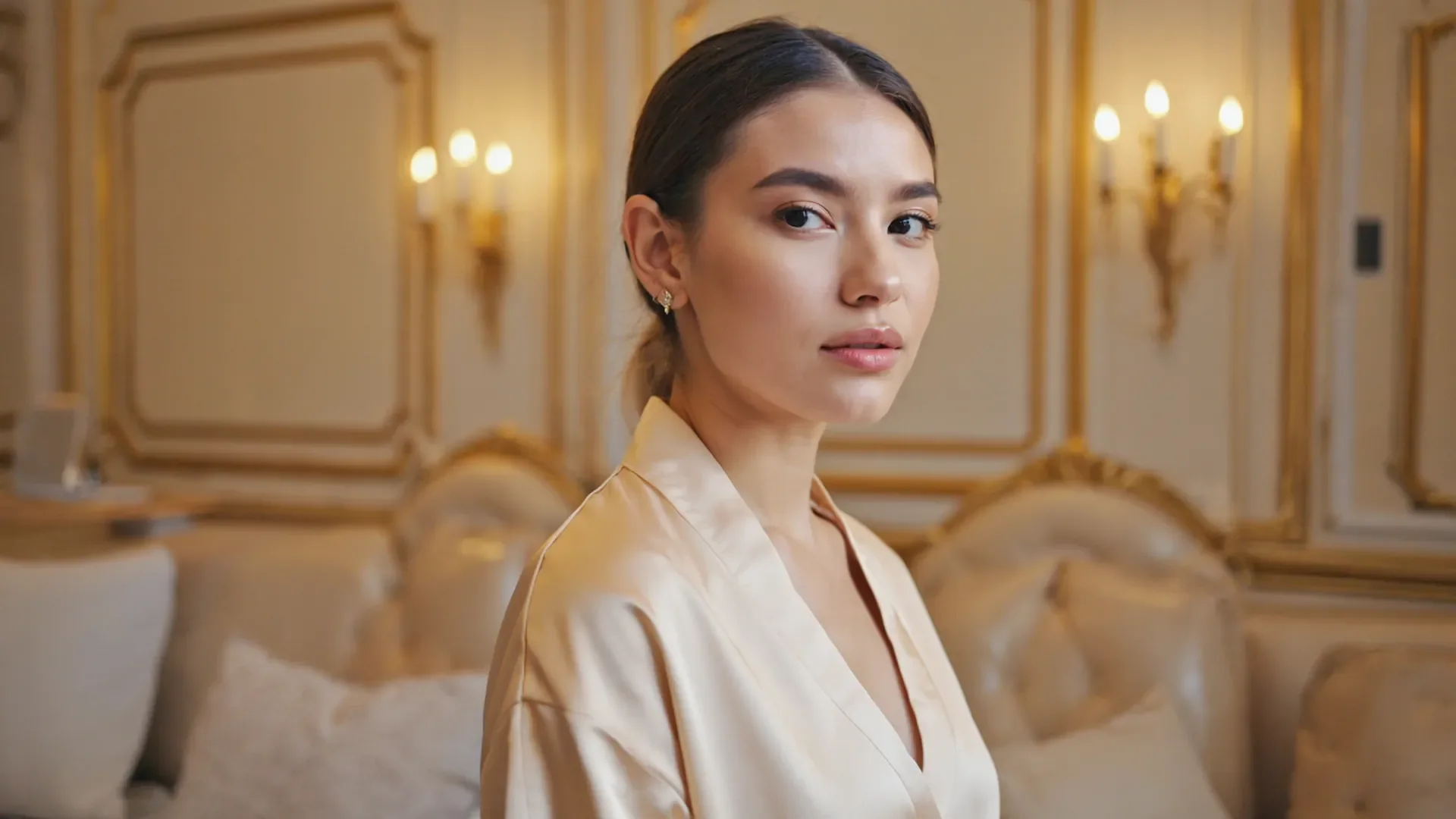 An elegant woman in a calm treatment room, healthy glowing skin, considering a skin treatment