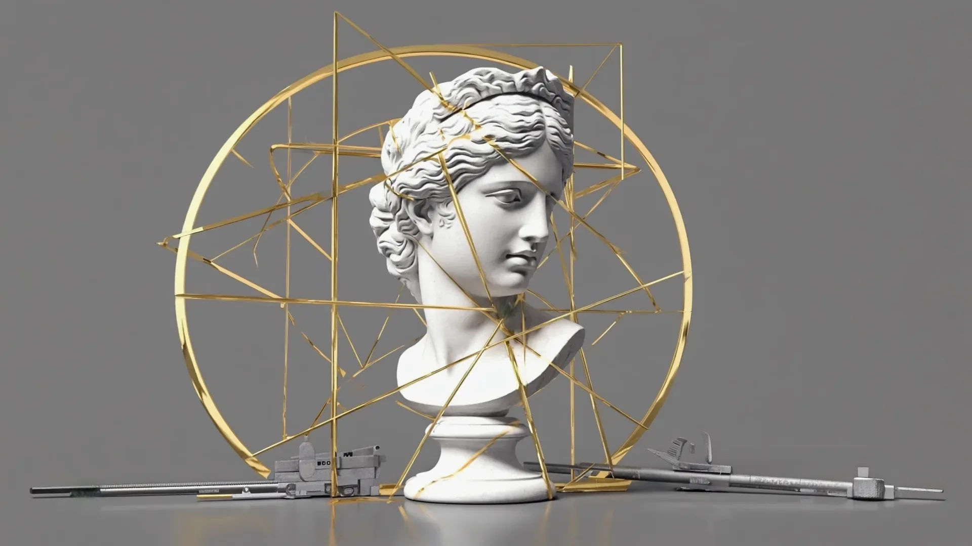 Classical marble bust with a golden-ratio grid and calipers overlaid on its face, fine-art still life