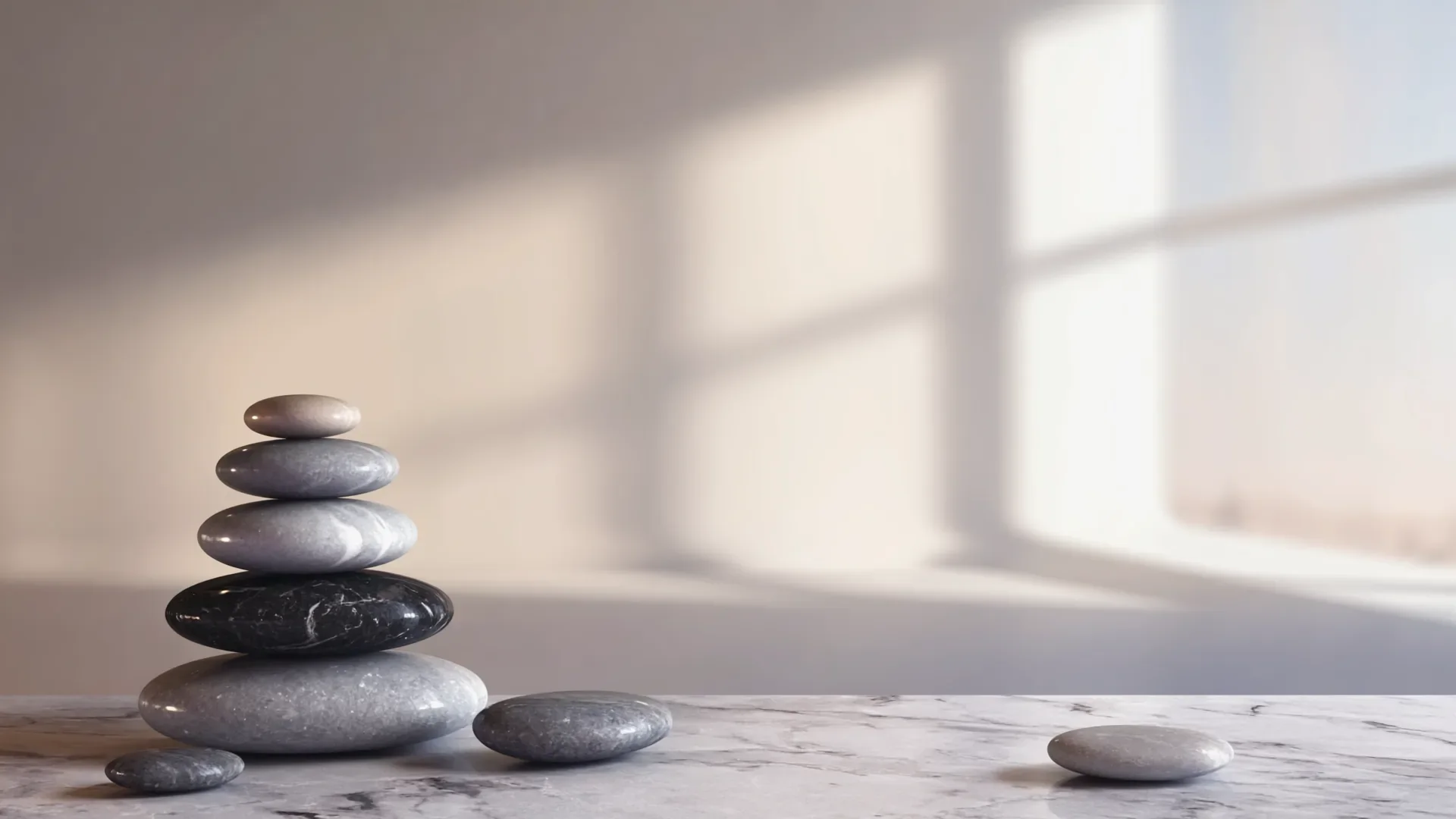Three smooth stones balanced in harmony on marble, representing facial balance and proportion