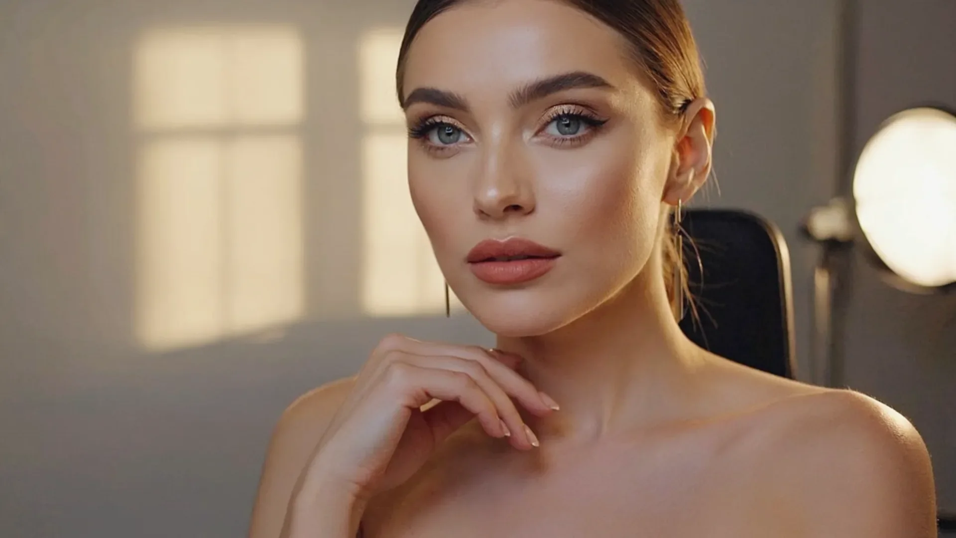 An elegant woman in a calm consultation room, thoughtful expression, considering treatment options